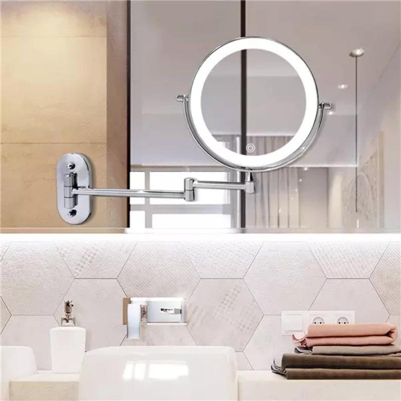 Miroir Grossissant Led Rechargeable Chromé Argenté Pour Maquillage Et Salle De Bain