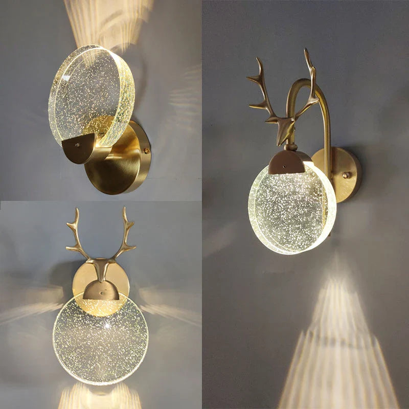 Applique Murale En Bois De Cerf Abat-Jour En Cristal De Luxe