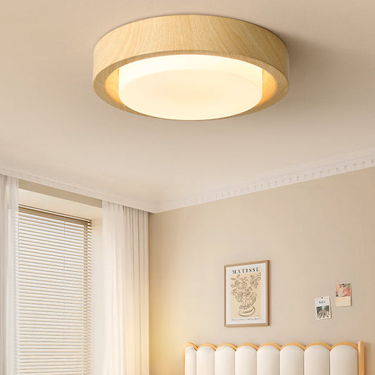 Plafonnier Encastré À Led Traditionnel Japonais Rond En Verre Et Grain De Bois Pour Chambre À Coucher