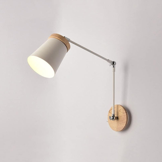 Applique Murale Contemporaine Scandinave En Bois Massif Et Fer Avec Abat-Jour Cylindrique À 1 Lumière Pour Chambre À Coucher