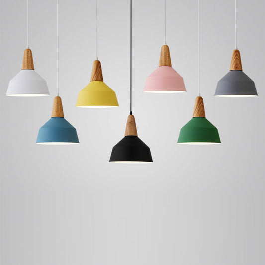 Suspension Nordique Minimaliste Macaron En Aluminium Et Bois De Couleur Unie À 1 Ampoule