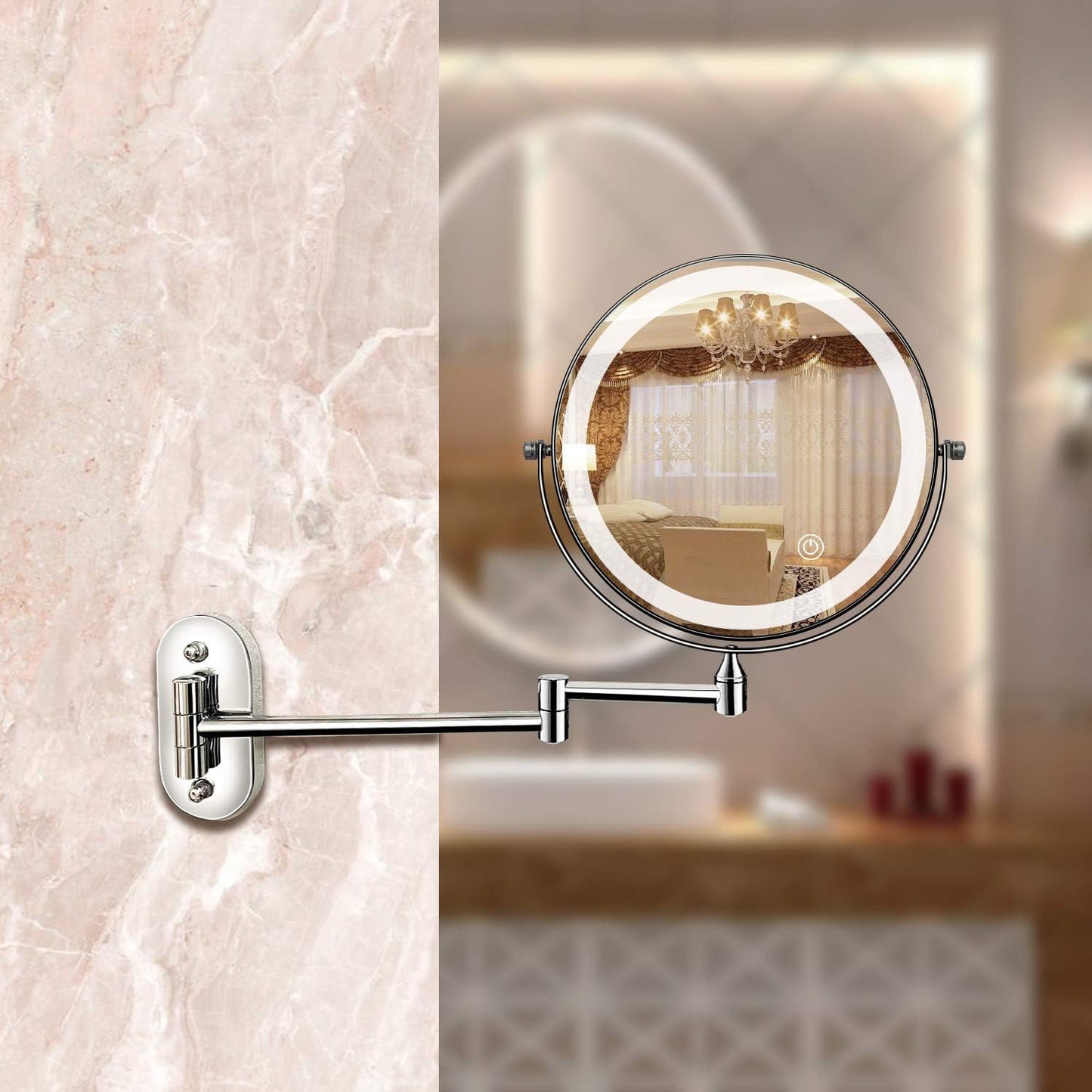 Miroir Grossissant Led Rechargeable Chromé Argenté Pour Maquillage Et Salle De Bain
