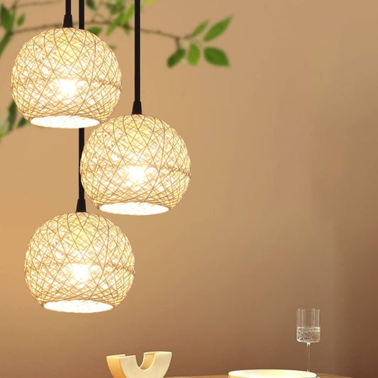 Suspension Globe 1/3 Lumière Beige En Rotin Tressé