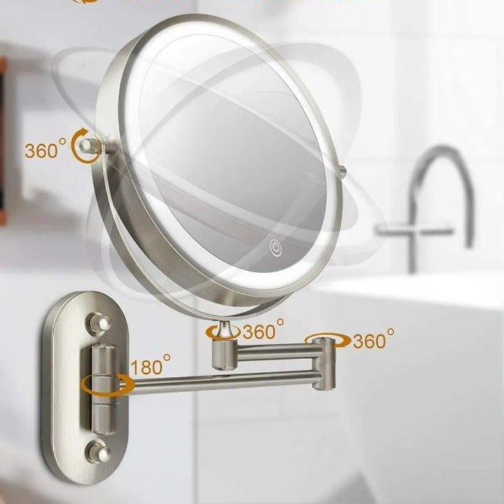 Miroir Grossissant Led Rechargeable Chromé Argenté Pour Maquillage Et Salle De Bain