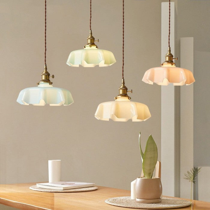 Lampe Suspendue Rétro En Verre À Motif De Fleur De Couleur Crème