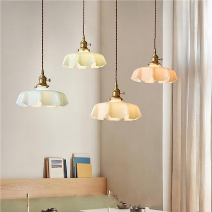 Lampe Suspendue Rétro En Verre À Motif De Fleur De Couleur Crème